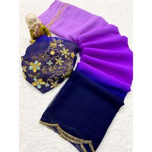 FANCY GEORGETTE HAND WORK FRONTERA SAREE CON BLUSA DESCOSTADA PÚRPURA - Product Image 1