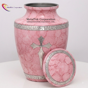 Large Pink Cremation Urn Adult Funeral Memorial Metal Urns for Human Ashes Engraved Silver Holy Cross Marble Finish Printed Jars - Product Image 4