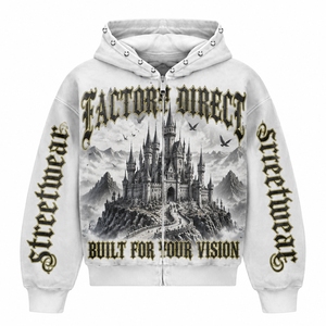 Sweat à capuche zippé streetwear imprimé intégral motif château pour homme, coupe classique, blanc, avec fermeture éclair et strass, impression DTG, directement de l'usine - Product Image 1
