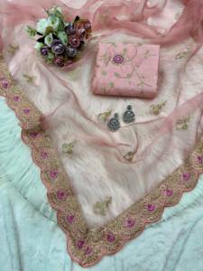 Sari de organza con bordado de diseño, trabajo de codificación y borde con trabajo de corte, con blusa sin coser de satén Banglory. - Product Image 5
