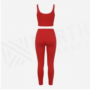Ensemble de yoga 2 pièces rouge, col ras du cou, dos nageur, leggings taille haute longueur intégrale, respirant, en Spandex et Polyester, vêtements de sport - Product Image 2