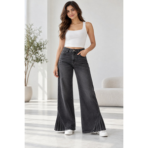 Jeans de mezclilla de pierna ancha Y2K para mujer, talla grande, con dobladillo plisado, lavado medio, cintura baja, tallas XS-6XL - Product Image 5