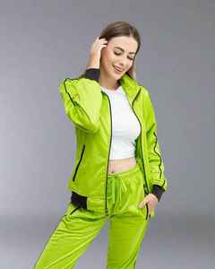 Survêtement vert néon pour femmes, manches longues, col montant, fermeture éclair, poches latérales, style sportif, vêtements de printemps - Product Image 4
