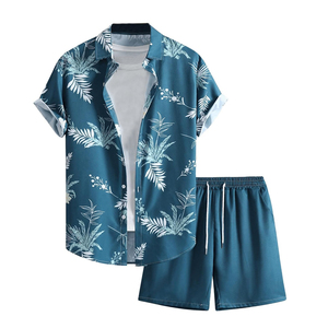 Men's Summer Floral Print Short Sleeve Shirt and Shorts <b>Set</b> Breathable Polyester Casual Wear Blue Patterned Two Piece Outfit - Product Image 2