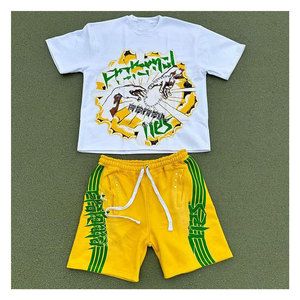 ชุดเซ็ตฤดูร้อนแบบยูนิเซ็กซ์ สปอร์ต สตรีทแวร์ ผ้าฝ้าย ชุดแทรคสูท เสื้อยืดและกางเกงขาสั้นผู้ชาย ล้างสีแบบแอซิด สไตล์ลำลอง เสื้อยืดน้ำหนักเบา - Product Image 1