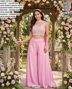 <b>Pink</b> Chinon <b>Silk</b> Embroidered Crop <b>Top</b> With Beads Work Palazzo Set Women's Traditional Party Wear S M L XL - Product Image 1