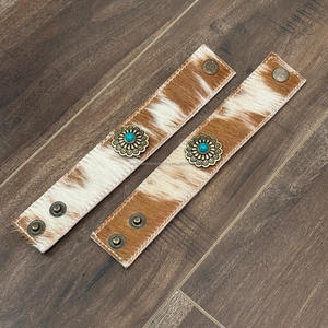 Bracelet de manchette en cuir de vachette véritable fait à la main en gros avec bande réglable de style occidental à bord tressé Concho turquoise - Product Image 4