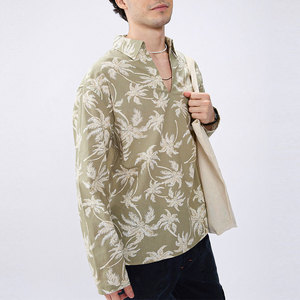 Camisa Hawaiana de Manga Larga con Estampado de Palmeras Verde Oliva para Hombre, Cuello en V, Estilo Vacacional, Tela Popelina, Ropa de Verano - Product Image 4