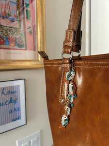 Handmade Multi Beaded Fish <b>Bag</b> <b>Charm</b> Keychain Blue White Gold Orange - Product Image 2