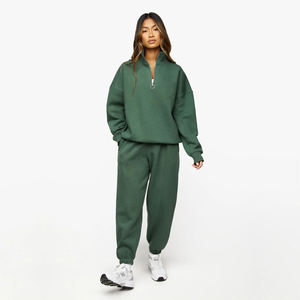 Womens Quarter Zip Fleece Sweatshirt Slouchy Drop Shoulder Plain Forest Green Pullover - Product Image 2