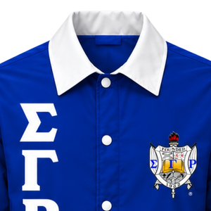 Blouson universitaire bleu roi pour femme, col blanc, lettres grecques, fermeture à boutons-pression, manches longues rayées or et blanc, vêtement d'extérieur universitaire - Product Image 2