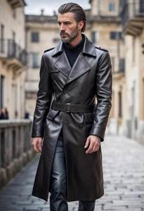 <b>Men</b> Genuine Leather Long Trench Coat Notched Lapel <b>Double</b> <b>Breasted</b> With Belt Regular Fit <b>Overcoat</b> - Product Image 4