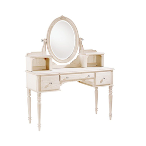 Table de toilette en bois de style provincial français avec miroir ovale et boutons en cristal - Product Image 1