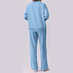 Conjunto de chándal de mujer azul claro con media cremallera, forro polar premium de alto gramaje, sudadera oversize y pantalones anchos a juego, ropa de descanso - Product Image 3
