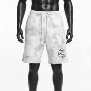 Shorts en molleton de coton premium 340 GSM, gris clair, effet délavé, avec patch embossé et logo personnalisé pour homme - Product Image 1