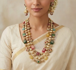 Conjunto de Collar de Perlas y Piedras Preciosas Multicolor de 3 Capas de Lujo, Aretes Jhumka, Chapado en Oro, Estilo Bohemio, Geométrico, Tradicional Indio - Product Image 2