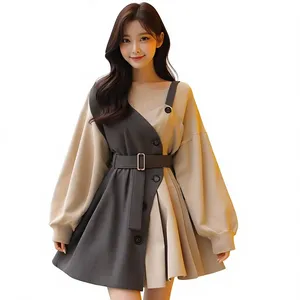 Minivestido plisado asimétrico con cinturón y bloques de color para mujer - Product Image 2