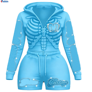 Top Trending Hot Selling Women's Blue Skeleton Hoodie Shorts Set <b>Rhinestone</b> Decor Y2K Style Spring Summer Sportswear 2 Piece Set - Product Image 6