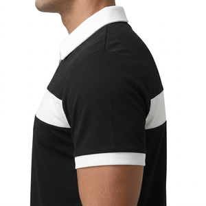 Polo con cremallera de un cuarto de cierre en bloques de color blanco y negro para hombre – Camisa de manga corta con franja en contraste en el pecho y corte atlético ajustado - Product Image 4