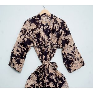Kimono indio para mujer, 100% algodón, estampado floral a mano, maxi largo, para playa o dormir, estilo largo, lavable. - Product Image 3