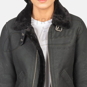 Women Black Distressed Real <b>Leather</b> <b>Jacket</b> Black Faux Fur Trim Slim Fit Premium Sheepskin Winter Biker Outerwear Coat - Product Image 3