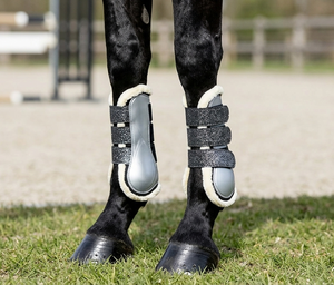 Equine Premium Patent Faux Leather Horse Shockproof Brushing Boots Fur Soft Padded Glitter Velcro Straps Horse Riding Tack - Product Image 4