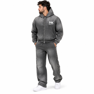Men's Charcoal Gray Studded Zip Up Hoodie Tracksuit Set Washed Streetwear Jacket & <b>Wide</b> <b>Leg</b> <b>Jogger</b> Pants - Product Image 1