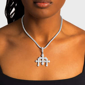 <b>Iced</b> <b>Out</b> Triple Cross Pendant Necklace | Luxury Hip Hop Cross Charm | Micro Pave Religious Pendant with Tennis <b>Chain</b> - Product Image 1