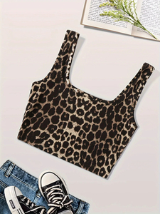 Women Leopard Print Square Neck Crop Tank <b>Top</b> Wide Straps Sleeveless Slim Fit <b>Y2K</b> Short Cami <b>Top</b> Summer Casual Streetwear Vest - Product Image 6