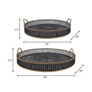 Modern <b>Black</b> Round Rattan <b>Tray</b> Handcrafted Wicker <b>Serving</b> Platter With Natural Jute Wrapped Arched Handles For Table Decor - Product Image 3