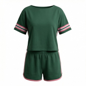 Women's Green Sporty 2 Piece Shorts <b>Set</b> Short Sleeve T Shirt and Above Knee Shorts with Pink Stripe Details Breathable <b>Knitted</b> - Product Image 1