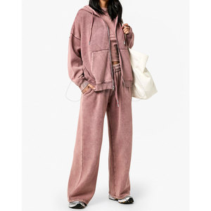 Custom Logo Winter Women Solid Acid Wash Sweating <b>Tracksuit</b> 2 Piece Set Eco-Friendly Quick Dry Breathable Wholesale Comfortable - Product Image 3