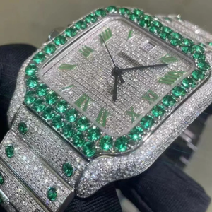 Reloj de Lujo con Incrustaciones de Moissanita VVS, Acero Inoxidable, Automático, Esmeralda Verde, Bisel con Diamantes, Números Romanos, Caja Cuadrada de 41 mm, Estilo Hip Hop - Product Image 3