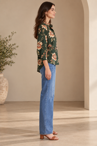 Blusa informal holgada con botones y cuello camisero con estampado floral verde para mujer - Product Image 2
