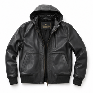Flashback Black Hooded Genuine Leather Motorcycle Bomber <b>Jacket</b> Windproof Knitted Zipper Closure Spread Collar Solid - Product Image 1
