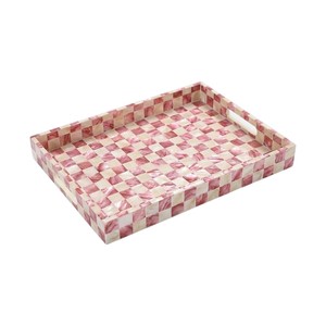 Plateau rectangulaire de luxe en nacre incrustée, plateau de service bleu à carreaux en coquillage avec poignées, plateau décoratif pour ottoman en provenance du Vietnam - Product Image 1
