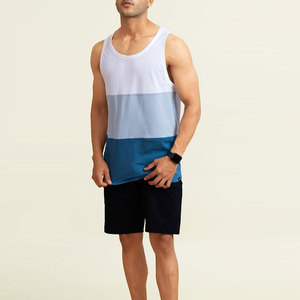 Men's Color Blocked Tank <b>Top</b> O-Neck Sleeveless Breathable Knitted Casual Sport Wear Blue <b>White</b> Stripe Design - Product Image 4