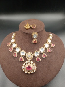 Amaira Jewels Gold Plated <b>Silver</b> Polki Stone <b>Necklace</b> and Earring <b>Set</b> Women's Wedding Classic Floral Design Jewelry - Product Image 4