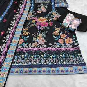 Elegante conjunto de muselina de 3 piezas para mujer, salwar kameez con estampado floral, anarkali kurta, pantalón y dupatta, atuendo festivo para Diwali. - Product Image 3