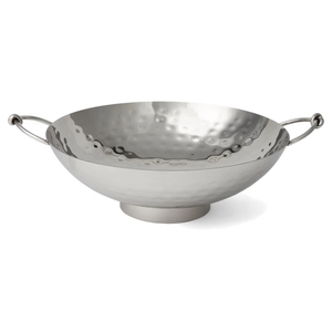 Hand-<b>Hammered</b> Metallic Decorative Bowl Polished Silver Pedestal Dish with <b>Loop</b> Knot Handles Large Contemporary Metal Tableware - Product Image 1