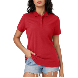 Polo à manches courtes pour femme, couleur unie rouge, décontracté, en coton Oxford, tissé uni teint - Product Image 1