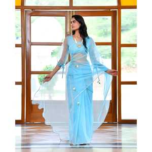 ผ้าคลุมไหล่ปักลายสีน้ำเงินวาฬ ผ้าออร์แกนซ่า ฟรีไซส์ สำหรับสวมกับส่าหรี - Product Image 6