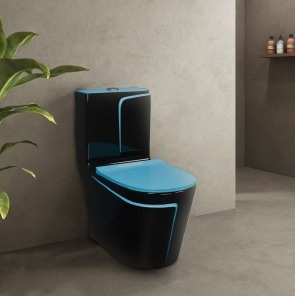 Inodoro de una Pieza, Diseño Superior, Color Negro y Azul, Serie INSTA, 660X375X740mm, Sifón S&P, Sistema de Descarga Sifónica - Product Image 2