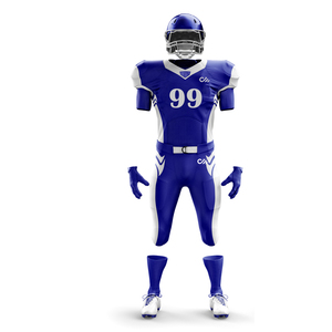 Uniforme de football américain pour hommes, bleu et blanc, col en V, manches courtes, 100% polyester, évacuation de l'humidité, coupe ajustée, impression sublimée, équipe - Product Image 1