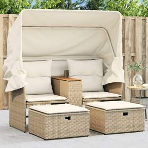 Divano da giardino in Poly Rattan con baldacchino e sgabelli da 2 posti Beige - Product Image 1