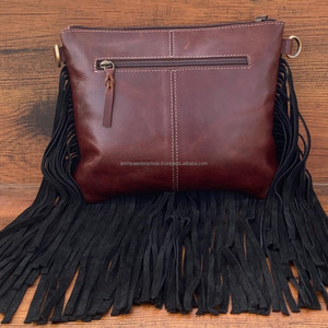 Bolso cruzado con flecos de cuero con pelo occidental para mujer, bolso con borlas florales de cuero genuino personalizado, bolsos de piel de vaca - Product Image 5