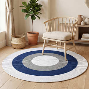150 cm Modern <b>Round</b> Cotton Rope <b>Carpet</b> with Blue Concentric Circles for Family Room & Lounge - Product Image 3