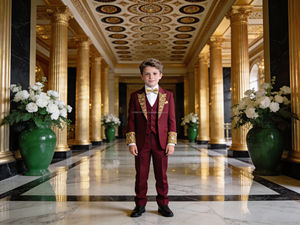 Traje de esmoquin gris con bordado dorado para niños – Traje formal de doble botonadura para bodas y fiestas para niños - Product Image 2