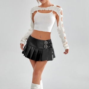 Women's PU Leather Pleated Mini <b>Skirt</b> High Waist Double Buckle A-Line Skater <b>Wet</b> <b>Look</b> Zip-Up Party Clubwear <b>Skirt</b> Wholesale OEM - Product Image 2