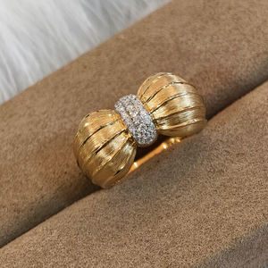 Unisex 14K Gold Silver Plated Bowknot Cocktail <b>Ring</b> Classic Brushed Pave Set Lab Grown Diamond IGI Certified - Product Image 3